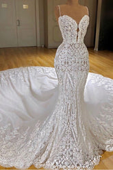 Elegant Long Spaghetti Straps Appliques Lace Mermaid Wedding Dresses