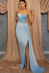 Long One Shoulder Sweetheart Sequins Ruffles Mermaid Prom Dress With Side Slit