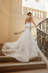 White Long Mermaid V-neck Tulle Lace Backless Sleeveless Wedding Dress