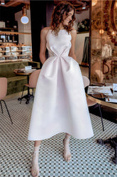 Short A-line Spaghetti Straps Satin Formal Dress with Pockets