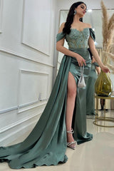 Mermaid Off the Shoulder Sweetheart Satin Long Appliques Prom Dress with High Split