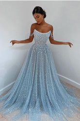 Long A-line Sparkly Sleeveless Sequined Formal Prom Dress