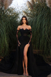Black Long Sleeves Floor Length Strapless Front Split Chiffon Prom Dress
