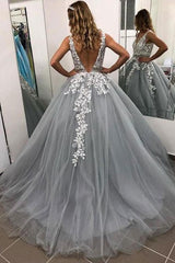 Long V-neck Spaghetti Straps Tulle Open Back Prom Dress