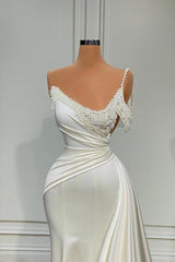 Elegant Long Mermaid One Shoulder Satin Prom Dresses with Beading
