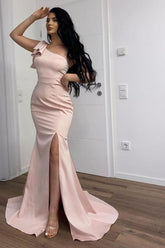 Long One Shoulder Floor Length Ruffles Mermaid Prom Dress With Side Slit