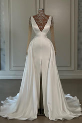 White Long Mermaid V-neck Satin Court Train Prom Dresses with Slit
