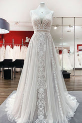 Long A-line Tulle Lace Ruffles Open Back Wedding Dresses