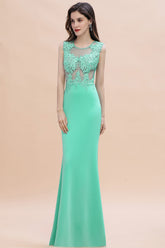 Charming Satin Crew Neck Lace Appliques Mermaid Sleeveless Long Bridesmaid Dress