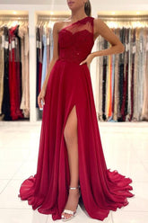 Long A-Line One Shoulder Appliques Lace Ruffles Chiffon Prom Dress With Slit