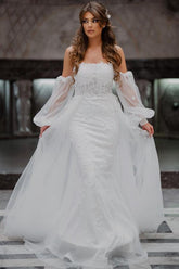 Elegant Mermaid Strapless Tulle Lace Long Appliques Wedding Dress with Sleeves