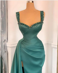 Simple Sweetheart Spaghetti Straps Mermaid Long Split Prom Dress With Ruffles