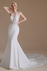 Long Mermaid Halter Backless Satin Wedding Dresses with Appliques Lace