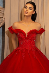 Long Ball Gown Off the Shoulder Tulle Lace Evening Formal Prom Dresses