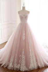 Long Spaghetti Straps Tulle A-Line Appliques Lace Floor Length Prom Dress