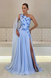 Long A-line One Shoulder Appliques Lace Evening Prom Dress with Slit