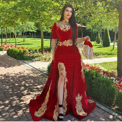 Long Sweetheart Appliques Lace Mermaid Split Velvet Formal Evening Dresses with Sleeves