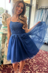 A-Line Straps Dark Navy Appliques Lace Tulle Short Homecoming Dress
