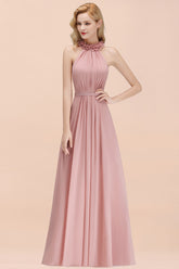 A-line Chiffon Halter Sleeveless Ruffled Floor Length Bridesmaid Dress