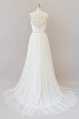 Amazing Long Beading Lace Tulle A-line Backless Wedding Dress