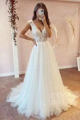 Beach Long A Line V Neck Tulle Lace Wedding Dress