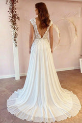 Beach Long A-line V Neck Chiffon Wedding Dress with Cap Sleeves