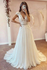 Beach Long A-line V Neck Chiffon Wedding Dress with Cap Sleeves