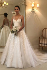 Beach Long Backless V Neck with Lace Appliques A Line Wedding Dress