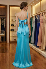 Simple Blue V-neck Satin Sheath Prom Dress with Beadings