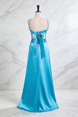 Simple Blue V-neck Satin Sheath Prom Dress with Beadings