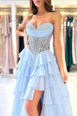 Blue Sweetheart A-line Prom Dress with Ruffles and High-split