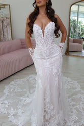 Boho Strapless Long Mermaid Wedding Dress with Train