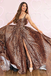 Brown Leopard Sleeveless Spaghetti Straps A-line Prom Dress with Slit