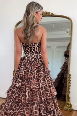 Long Brown Leopard Strapless Sweetheart A-Line Ruffled Prom Dress