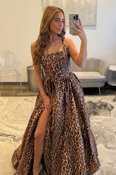 Long Spaghteei Straps Brown Leopard A-Line Prom Dress with Slit