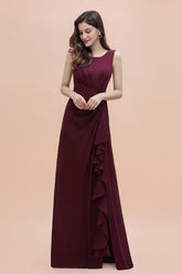 Long A-Line Backless Ruched Chiffon Burgundy Wedding Guest Dresses With Split