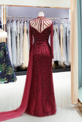 Burgundy Long Mermaid Tulle Lace Beads Formal Evening Dress with Sleeves