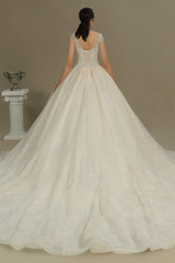 Luxury Long Ball Gown Tulle Lace Appliques Garden Wedding Dresses with Cap Sleeve