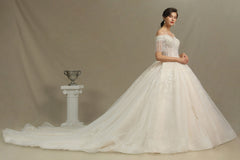 Elegant Long Appliques Beads Off the Shoulder Tassel Ball Gown Wedding Dress