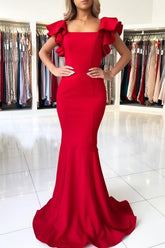Charming Red Long Square Neckline Ruffles Mermaid Prom Dresses