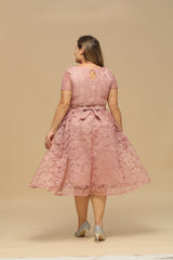 V Neck A Line Tea Length Floral Lace Wedding Guest Dress with Sleeves