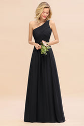 Elegant Black A-line Chiffon Ruffles One Shoulder Long Bridesmaid Dress