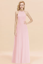 Elegant Long A-line Halter Chiffon Blushing Pink Bridesmaid Dress