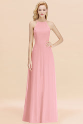 Elegant Long A-line Halter Chiffon Candy Pink Bridesmaid Dress
