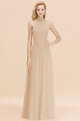Elegant Long A-line Halter Chiffon Champagne Bridesmaid Dress