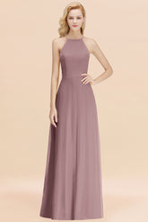 Elegant Long A-line Halter Chiffon Dusk Bridesmaid Dress