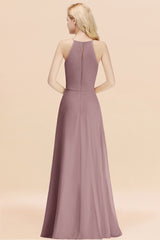 Elegant Long A-line Halter Chiffon Dusk Bridesmaid Dress