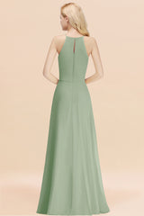 Elegant Long A-line Halter Chiffon Dusty Sage Bridesmaid Dress