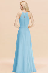 Elegant Long A-line Halter Chiffon Sky Blue Bridesmaid Dress