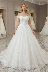 Elegant Long A-line Off the Shoulder Tulle Appliques Lace Wedding Dresses